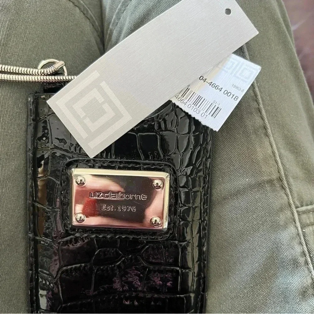 Liz Claiborne Phone & ID Holder Black Reptile Patent Vegan Leather Crossbody